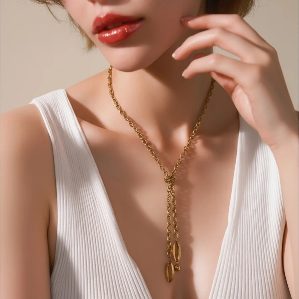Vintage Art Deco adjustable Chunky Chain gold brass Y necklace